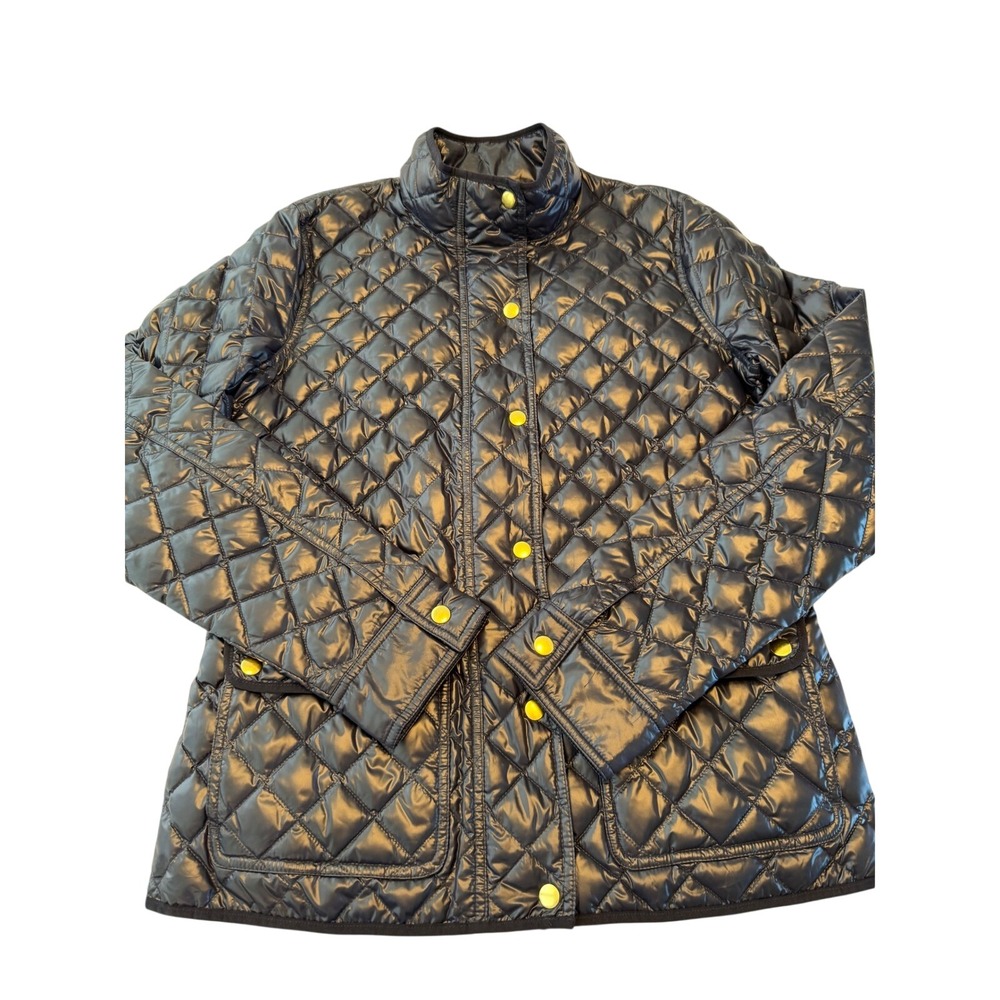 J.Crew Women Navy Blue Quilted Down Puffer Jacket Gold Snaps Size Medium Tall